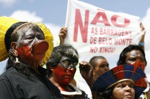 Native Brazilians from the Amazon basin demonstrate against the construction of the planned Belo Monte hydroelectric dam, in Brasilia