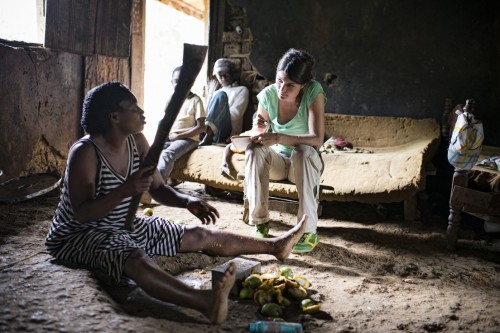 Camille Dehu interviews Mama Odette in her house in Ngon village, Ebolowa