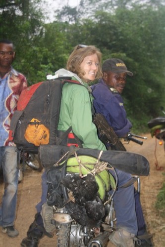 The communications team travelled by motorbike to the Tumba-Lediima Reserve, accompanied by local government officials, police, and some chickens.