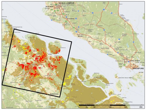 Figure 3. The 100,000 ha area mapped as burned (red) within the worst-affected LANDSAT scene (black box). NASA’s fire alerts are marked with yellow points. Not all burned areas are indicated due to cloud and haze cover and missing imagery. Most fires are located on peat soils (brown areas).