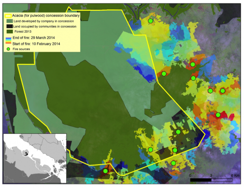 Figura 2 — Mapa que muestra la progresión de los incendios de febrero a marzo de 2014 en la segunda área quemada, de mayor superficie (18,000 ha), en el distrito de Bengkalis (ver ubicación en el recuadro), superpuesto sobre nuestro mapa detallado del uso del suelo en una concesión de acacia (HTI, o Hutan Tanaman Industri). La superposición de los mapas muestra que los incendios comenzaron fuera de los límites de la concesión o en tierras ocupadas por pequeños operadores (comunidades) en la concesión a principios de febrero, y que se propagaron profundamente en el interior de la concesión a finales de marzo (haga clic en el mapa para más detalles) Foto de CIFOR.