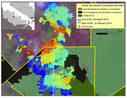 Figura 1 — Mapa que muestra la progresión de los incendios de febrero a marzo de 2014 en el área quemada más grande (22,000 ha) en Pulau Rupat, una pequeña isla frente a la costa de Sumatra, superpuesto sobre nuestro mapa detallado del uso del suelo en una concesión de acacia (HTI, o Hutan Tanaman Industri). Los mapas combinados muestran que los incendios comenzaron fuera de los límites de la concesión o en tierras ocupadas por pequeños operadores (comunidades) en la concesión a principios de febrero, y se habían propagado profundamente en el interior de la concesión a finales de marzo (haga clic en el mapa para más detalles). Foto de CIFOR.