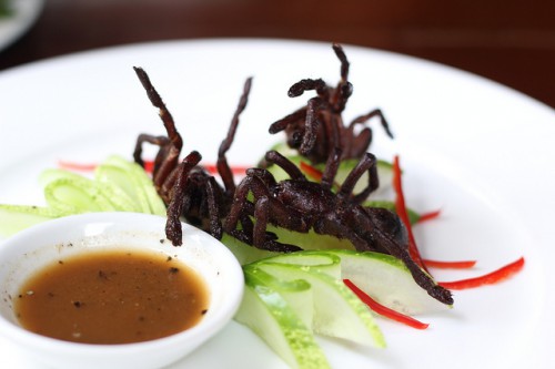 Tarantula goreng menjadi menu makan malam di sebuah restoran Kamboja. Pasar untuk laba-laba, kudapan lokal, menjadi contoh kesulitan yang dihadapi masyarakat lokal dalam menyokong penghidupan melalui hasil berbasis hutan. Foto lets.book