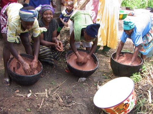 Kaum perempuan memproses kacang shea di Guinea. Berbagai perubahan di pasaran global menjungkirbalikkan rantai nilai tradisional kacang shea. Terry Sunderland/foto CIFOR
