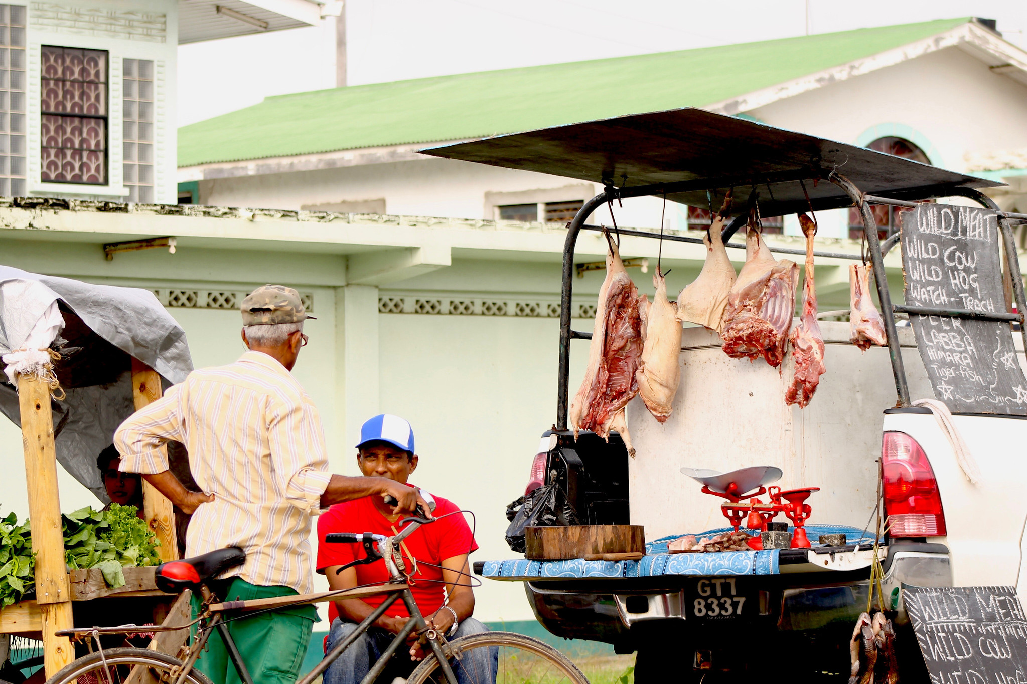Wild meat carcasses hanging from a market stall in Bartica, Guyana, with vendors and customers nearby.