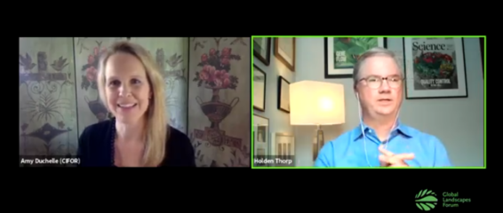 Split screen image of woman and man in conversation.