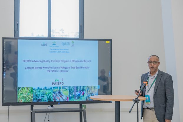 Wubalem Tadesse of CIFOR-ICRAF presented lessons from the PATSPO project during the “Rooted in Resilience” side event at the Africa Climate Summit 2 in Addis Ababa, Ethiopia.