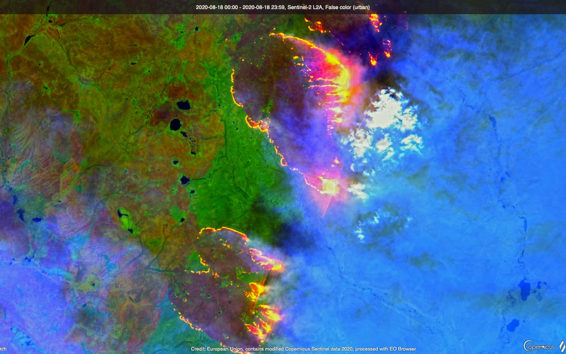 Aerial view shows fire burning