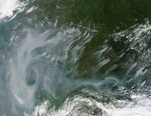 Satellite image shows smoke drifting in the atmosphere