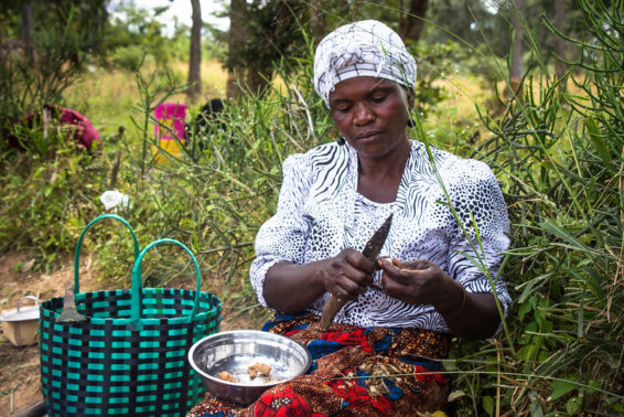 A seated woman cuts food over a bowl
