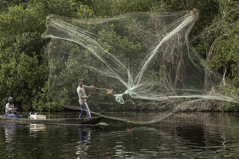 Men in boats cast fishing nets over the water