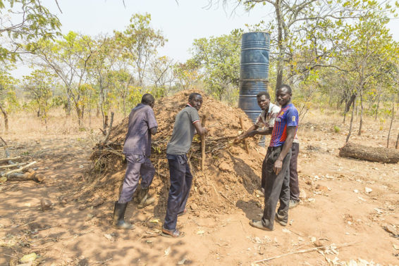 Men prepare a charcoal mound