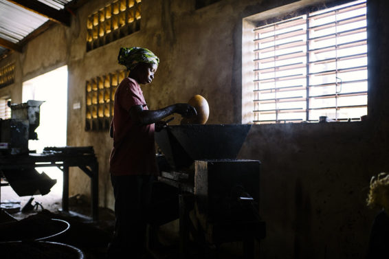 A woman works on shea butter processing