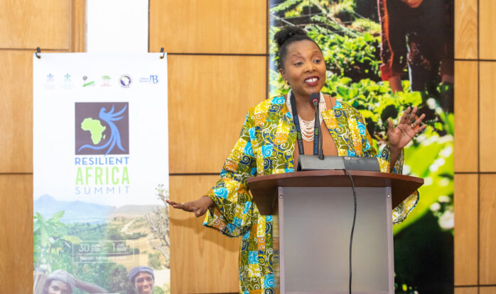 Dr Éliane Ubalijoro delivering remarks at the Resilient Africa Summit in Nairobi, advocating for investment in Africa climate resilience and community leadership.