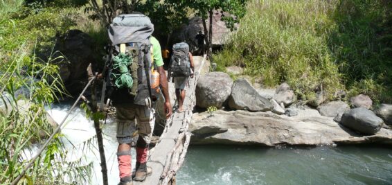 Hikers with large backpacks carefully crossing a log bridge over a fast-flowing river on the Ghost Mountain Trail in Papua New Guinea, surrounded by rocks, grass and trees.