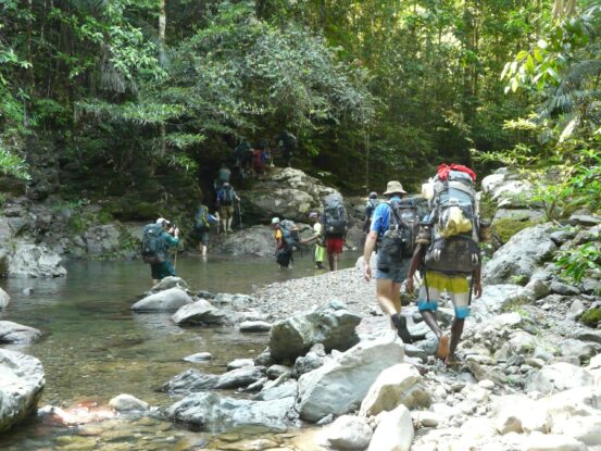 Group of hikers carrying large backpacks crossing a shallow rocky river in dense tropical forest on the Ghost Mountain Trail, Papua New Guinea.