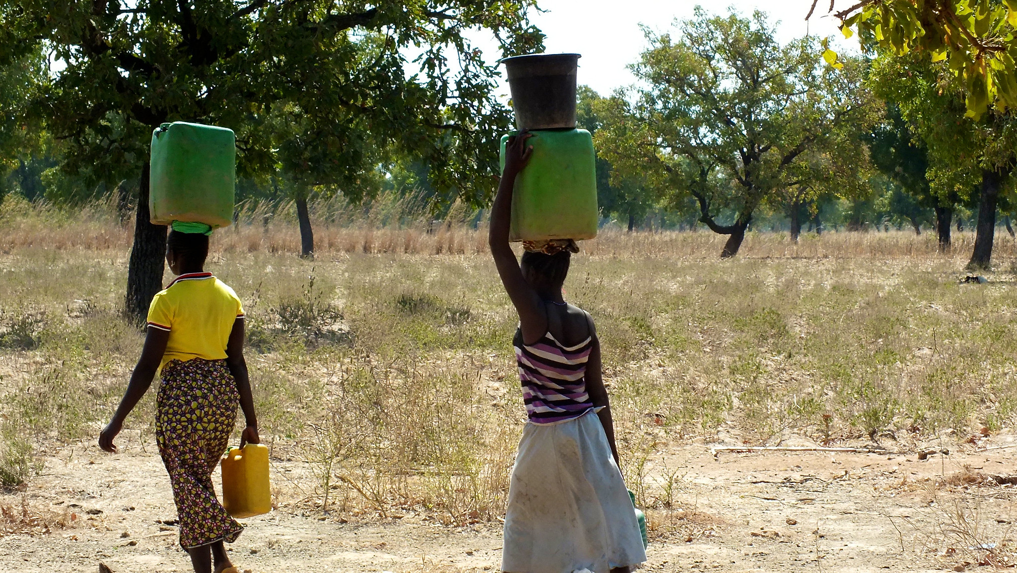 Two women walk through a dry forest landscape in Africa carrying water containers on their heads and in their hands.
