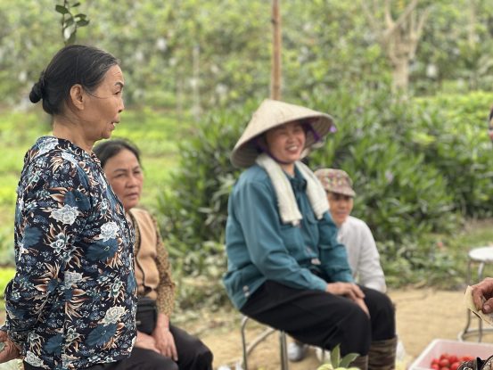 A group of Vietnamese women family farmers sit together in a vegetable field in Hòa Bình, sharing experiences on how family farmers and agroecology strengthen local food systems and resilience.