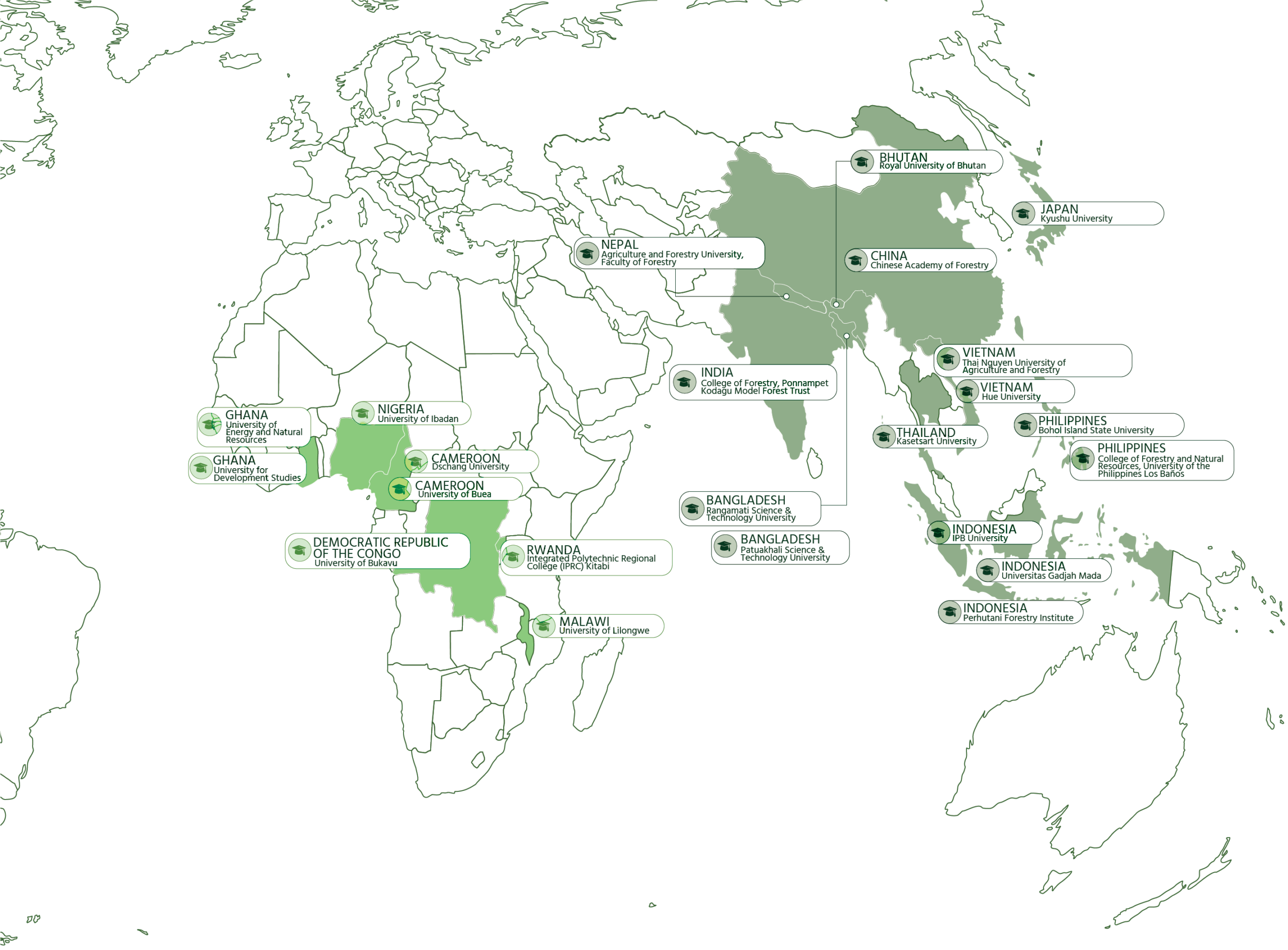 Map showing countries in Africa and Asia participating in the Restoration Education initiative, including Ghana, Nigeria, Cameroon, Rwanda, Malawi, Democratic Republic of the Congo, India, Nepal, Bhutan, China, Bangladesh, Thailand, Vietnam, Indonesia, Japan and the Philippines.