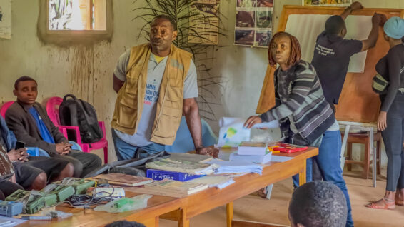 Robert Okale speaks during a Sustainable Wildlife Management Programme community workshop in Cameroon.