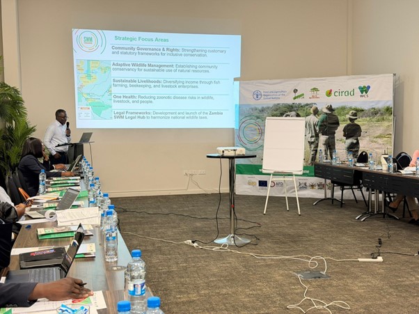 Griffin Shanungu, SWM Programme Site Coordinator, presents ongoing work to establish Zambia's first community-owned wildlife sanctuary.