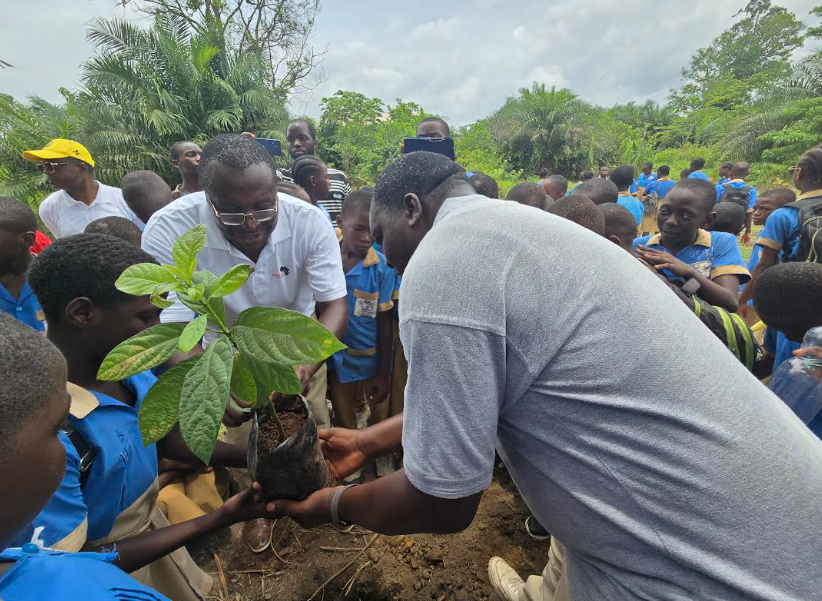 Primary school students gather around two adults holding a young seedling during a tree-planting activity in Kribi, Cameroon.