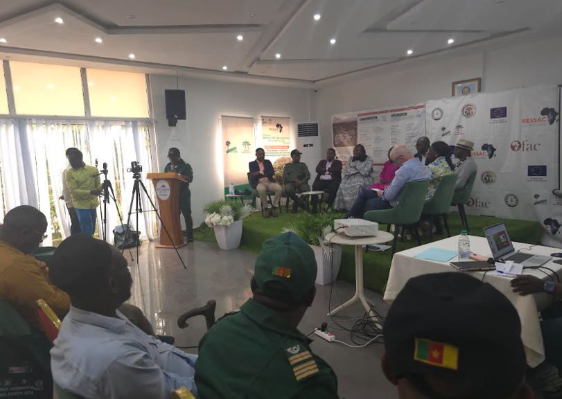 Panellists sit on stage during a discussion on forest landscape change and restoration in Kribi, Cameroon.