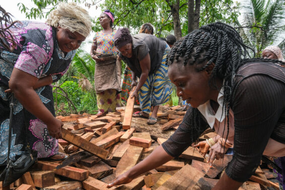 Women sort pieces of cut wood at a community forestry production site in Kisangani, Democratic Republic of the Congo.