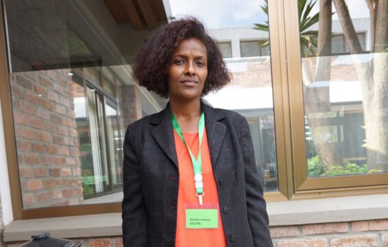 Dr Marta Kidemu, a researcher at Ethiopian Forestry Development, stands outside the training venue in Addis Ababa during the Women and Assertive Leadership workshop.