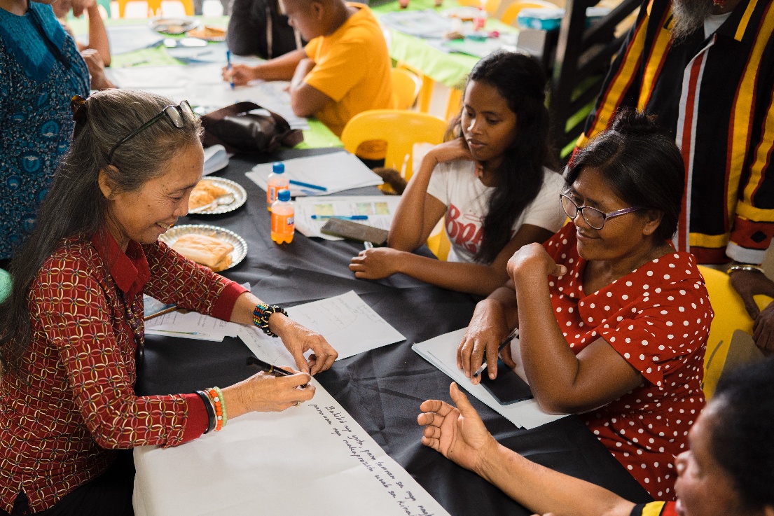 Community members take part in a group discussion, writing notes on paper around a table during a workshop.