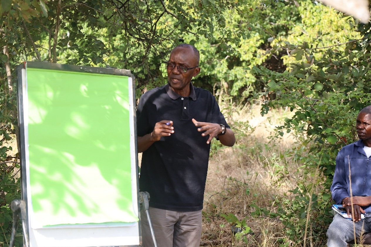 Penias Banda speaking beside a presentation board during a community livestock health meeting in southern Zambia