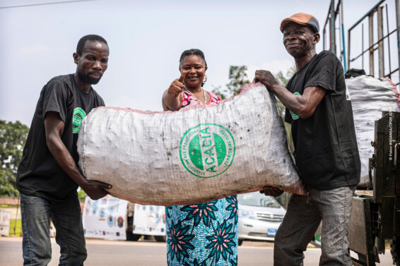 Community leaders and project participants gather during an awareness campaign on renewable charcoal and sustainable woodfuel in Kisangani.