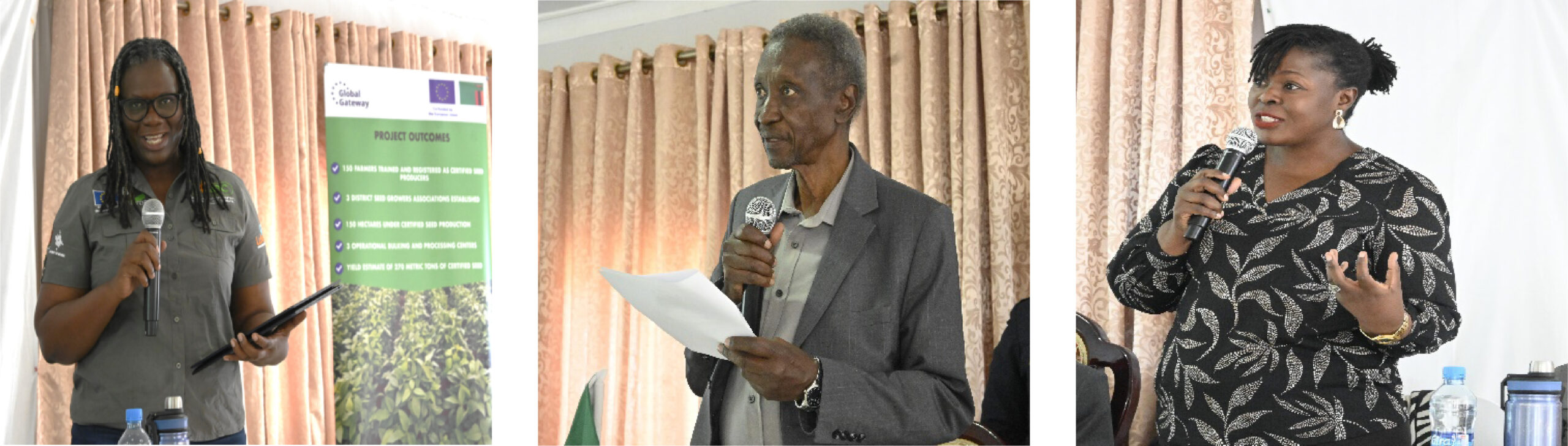 Patricia Masikati, Paul Thole and Mary Khozi speak during the launch of the Seeds for Self-Reliance initiative in Petauke District, Zambia.