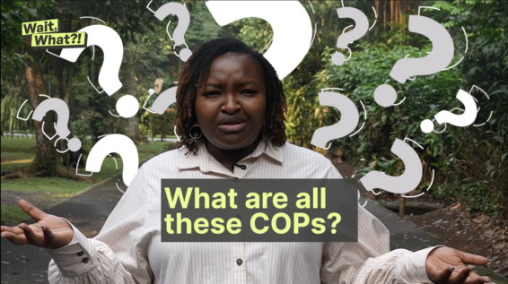 A woman stands in a park surrounded by question marks, with text reading “What are all these COPs?”