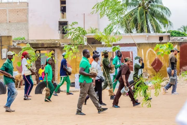Children and adults plant young trees in a sandy open space in an urban neighbourhood.