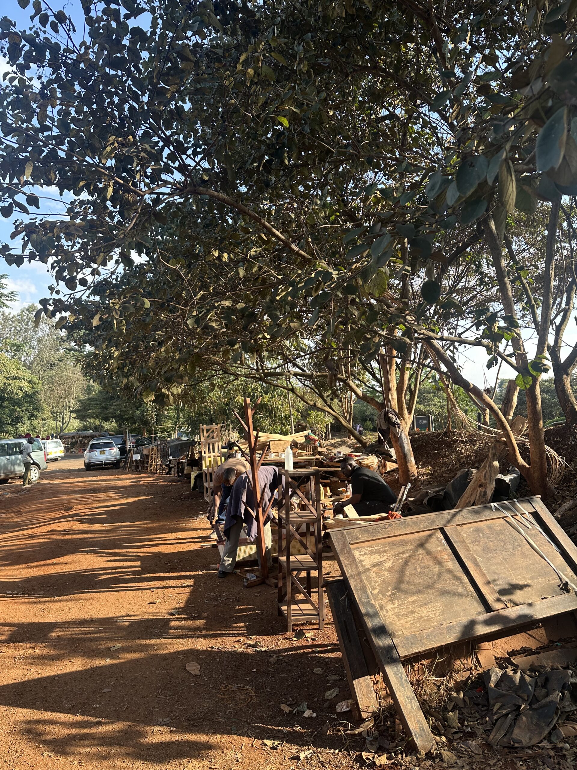 People work at furniture stalls beneath mature trees along a red-soil roadside, with vehicles and other roadside businesses visible in the background.