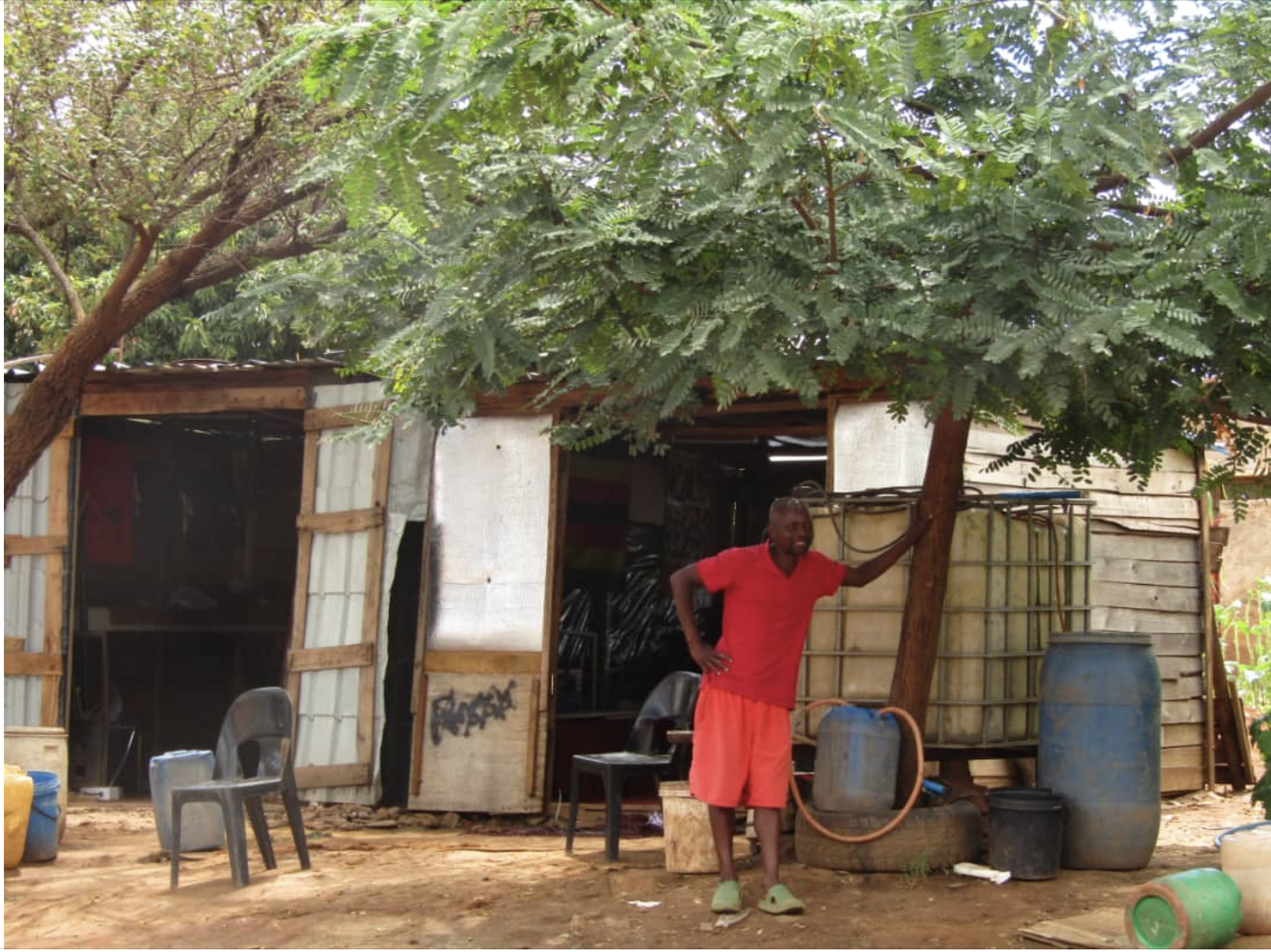 A barber stands beneath a leafy tree outside a makeshift barbershop, with chairs, water containers and other equipment nearby.