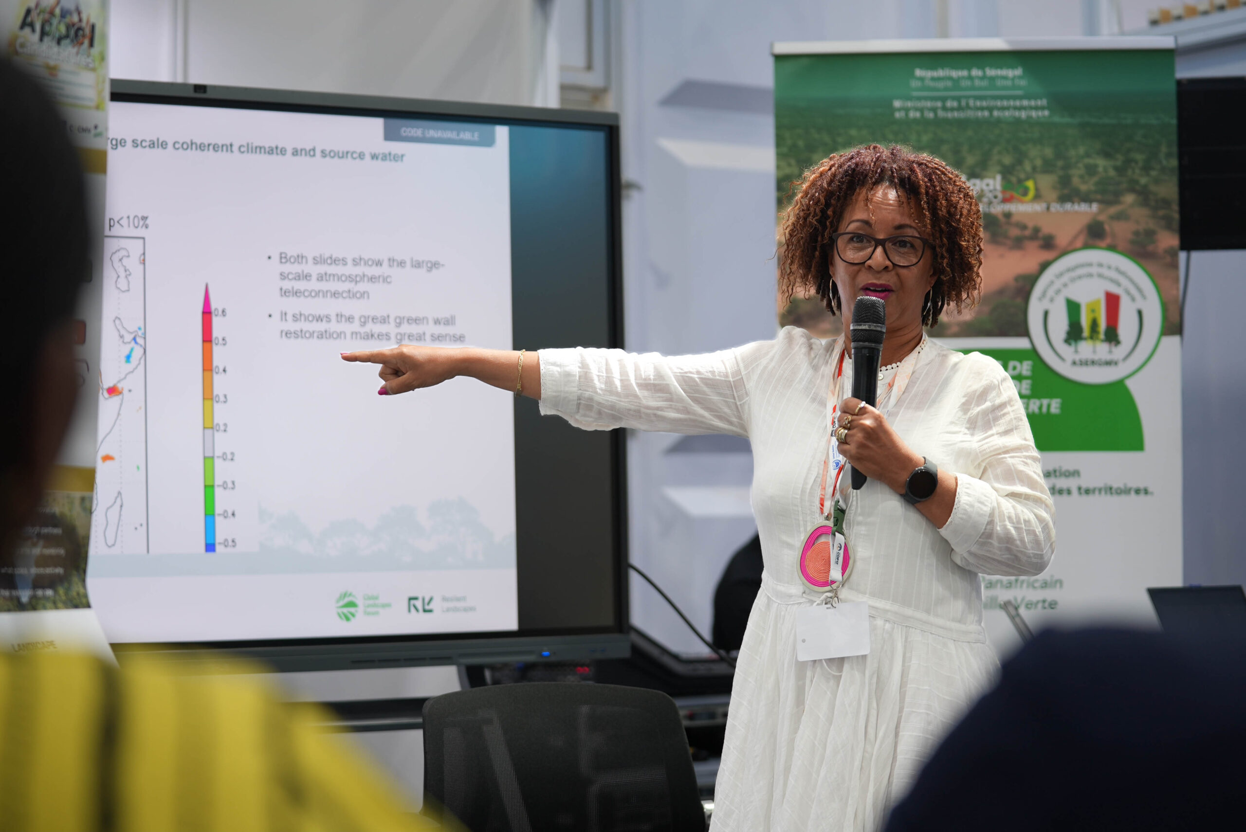 Aster Gebrekirstos, senior scientist at Landscape Alliance, presents a map and data on the water-land nexus during a session at UNCCD COP17 in Ulaanbaatar, Mongolia.