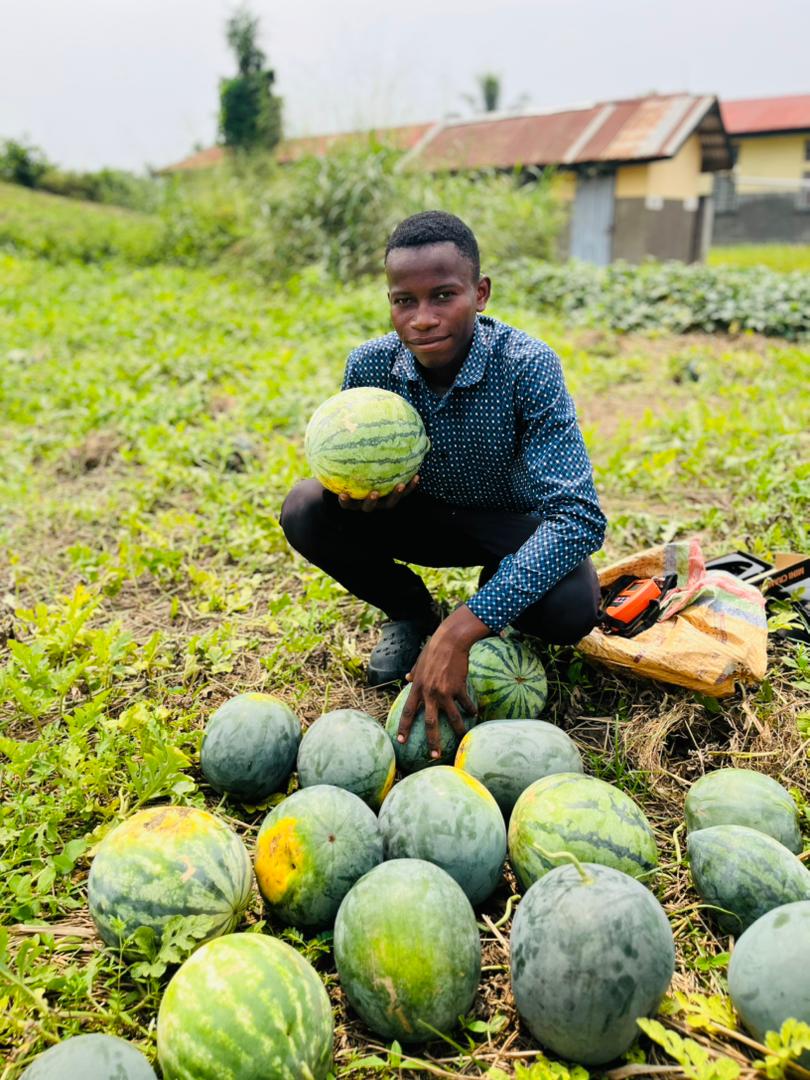 André Mosala crouching in a field beside harvested watermelons, holding one watermelon in his hands.