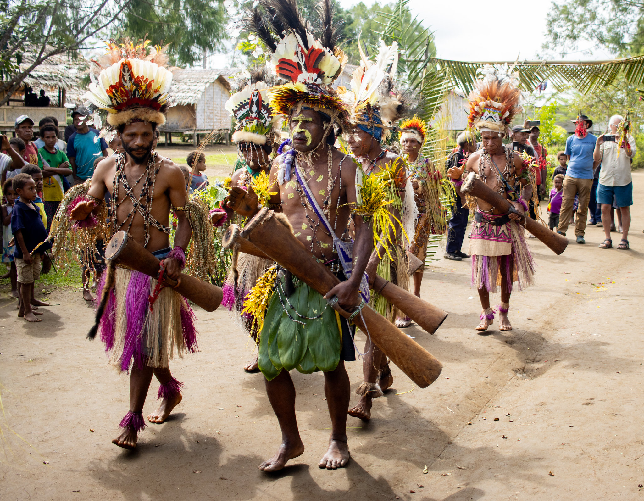 Community members in traditional dress perform a welcome dance in Kawowogi Village, Papua New Guinea, carrying plant materials and wearing elaborate feathered headdresses and body decorations.