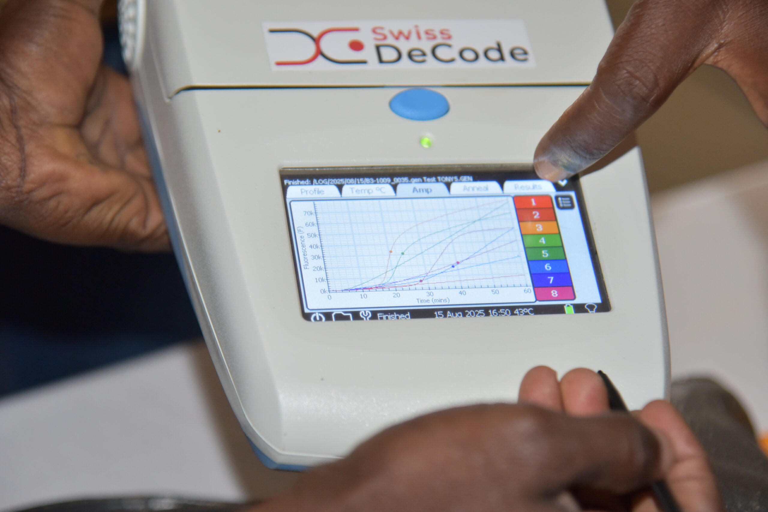 Trainer demonstrating a rapid diagnostic kit for early detection of cocoa swollen shoot disease during a field session in Vavoua, Côte d’Ivoire.