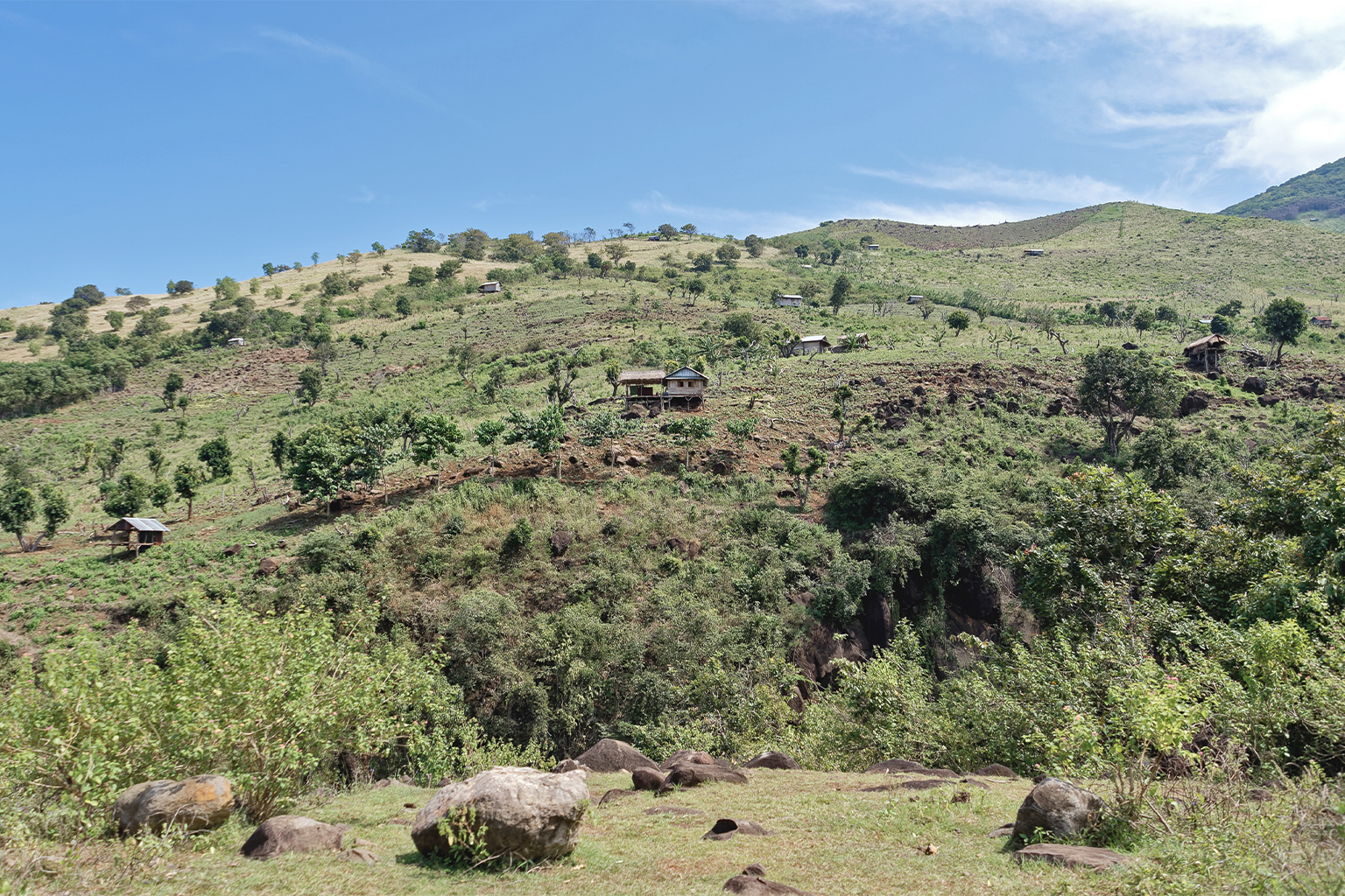 Hilly agricultural landscape in Manggarai Regency on Flores Island with scattered houses and cultivated plots.
