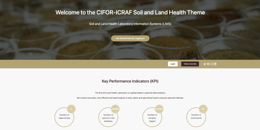 Homepage of CIFOR-ICRAF soil data platform showing laboratory information management system interface.