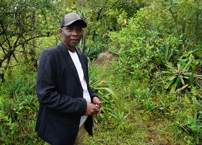 Mekonnen Gujo standing among regenerated forest vegetation in the Humbo landscape of southern Ethiopia.