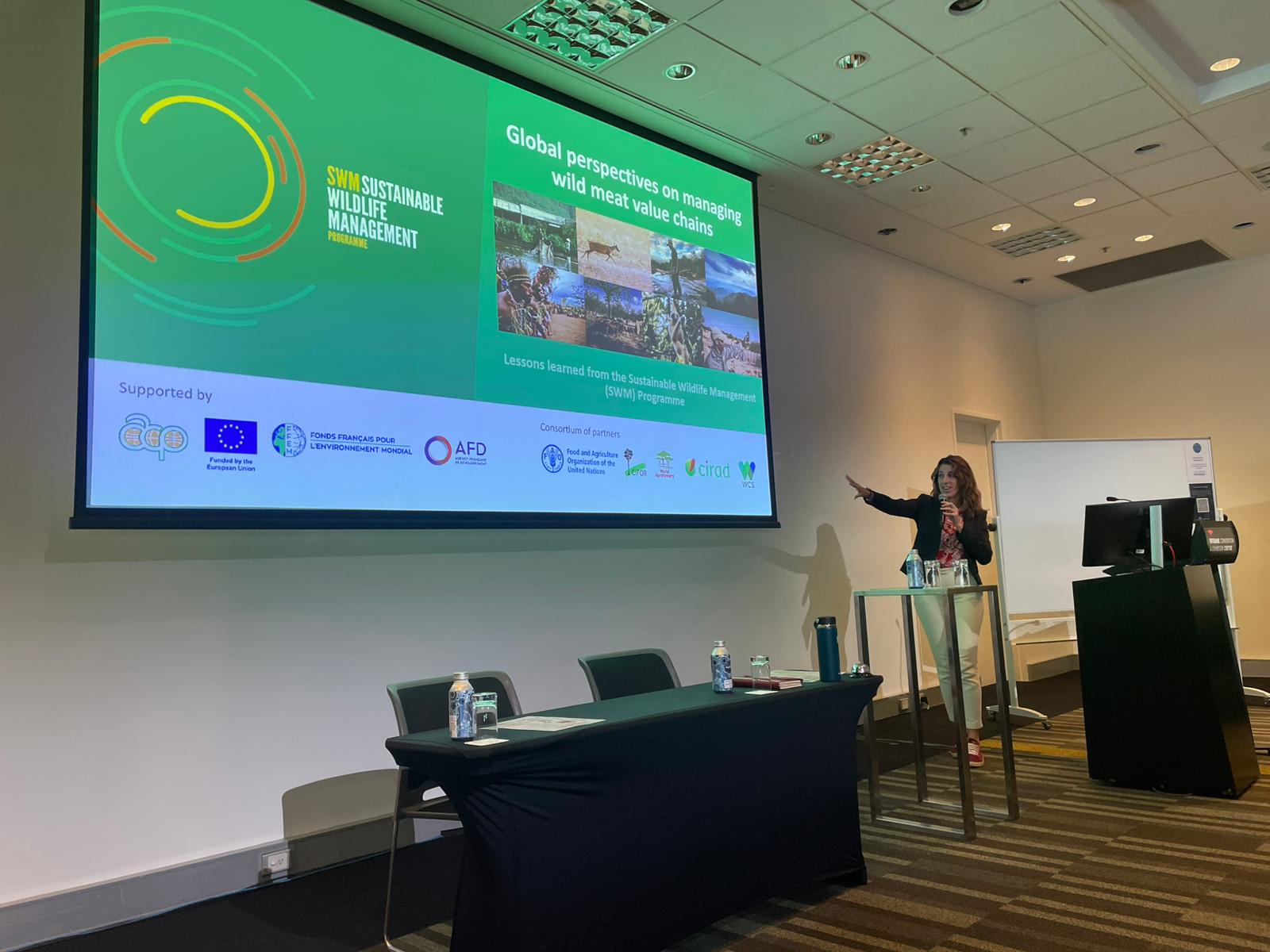  A presenter stands beside a screen showing a slide on global perspectives for managing wild meat value chains during the ICCB 2025 session.