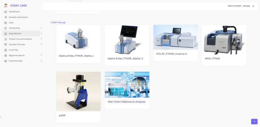 Dashboard showing soil spectroscopy instruments used in soil analysis platform.